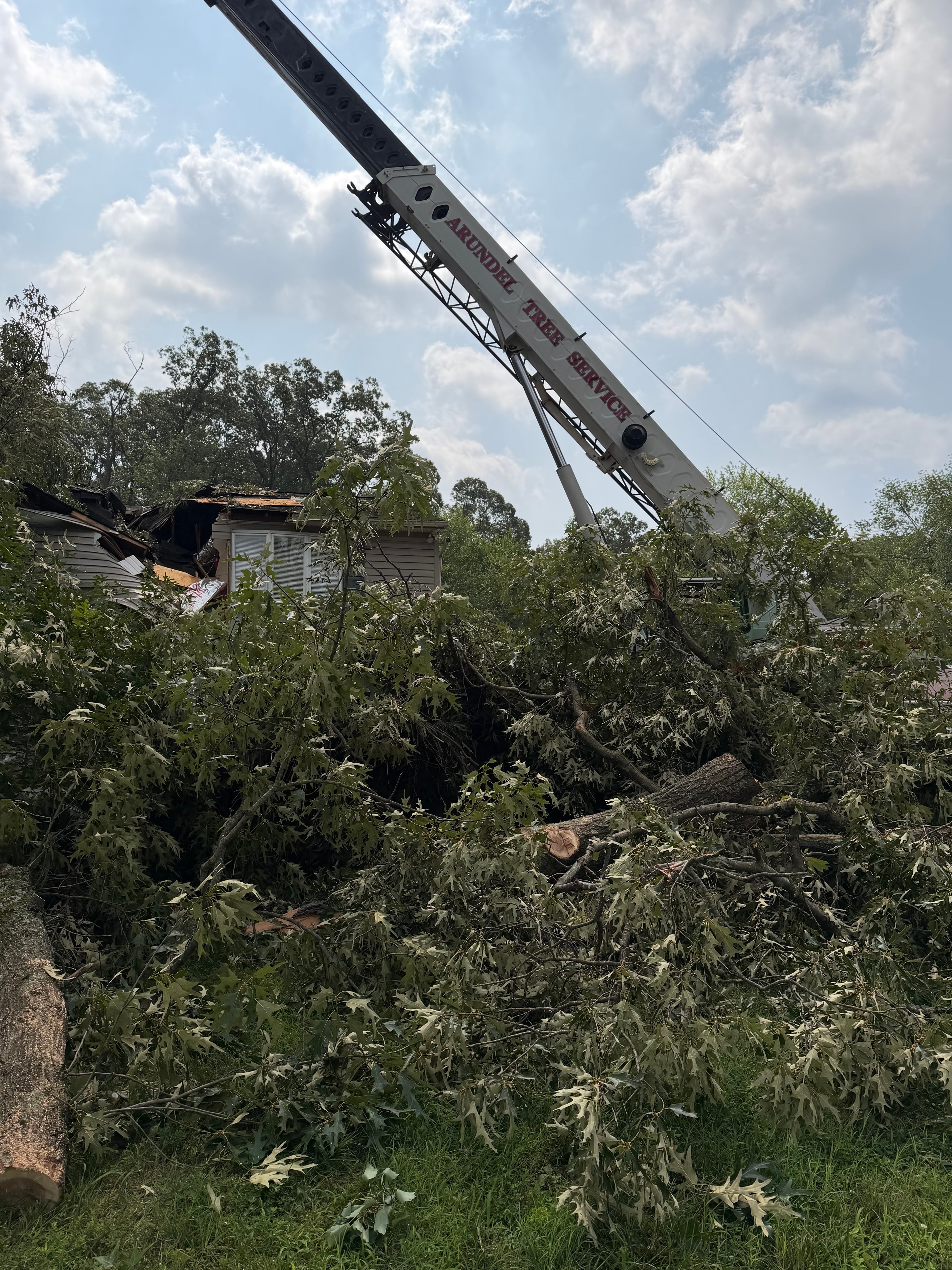 Arundel Tree Service crane boom lifting storm-damaged tree off residential structure in Maryland