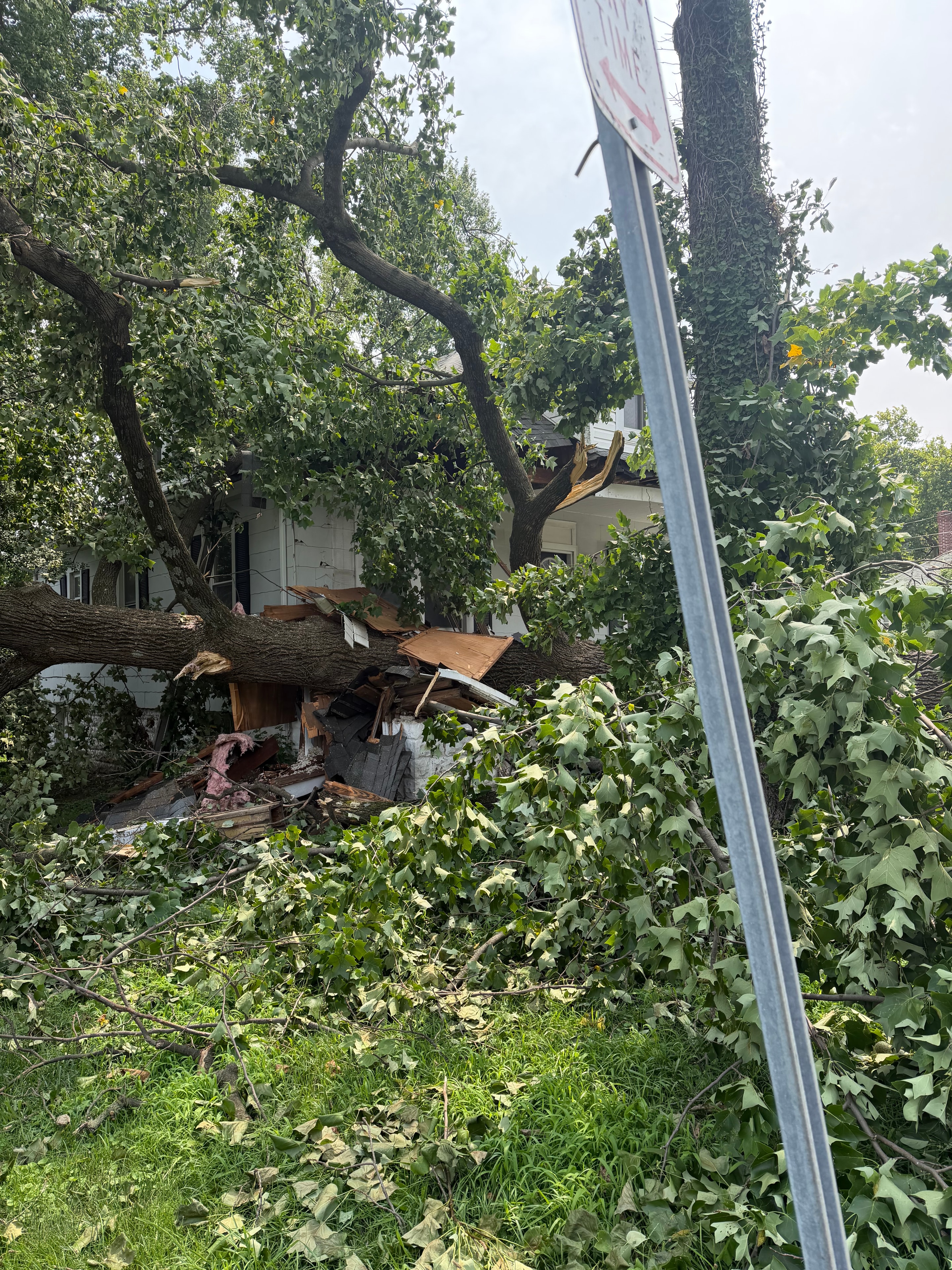Storm debris and fallen tree limbs covering yard and vehicles — emergency cleanup by Arundel Tree Service